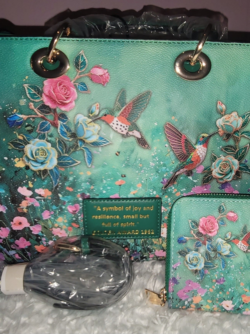 Brand New Vibrant Teal Hummingbird Rose Floral Tote Handbag + Matching Wallet
